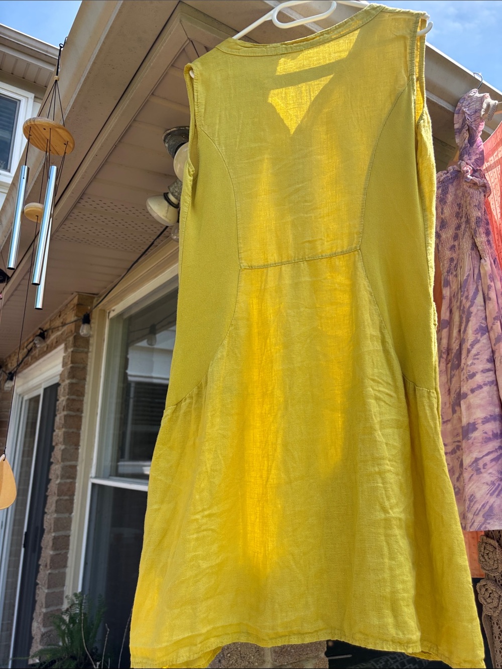 59. Sleeveless Sunny Yellow Linen Mini Dress with Mother of Pearl Button Front - Picture 12 of 17